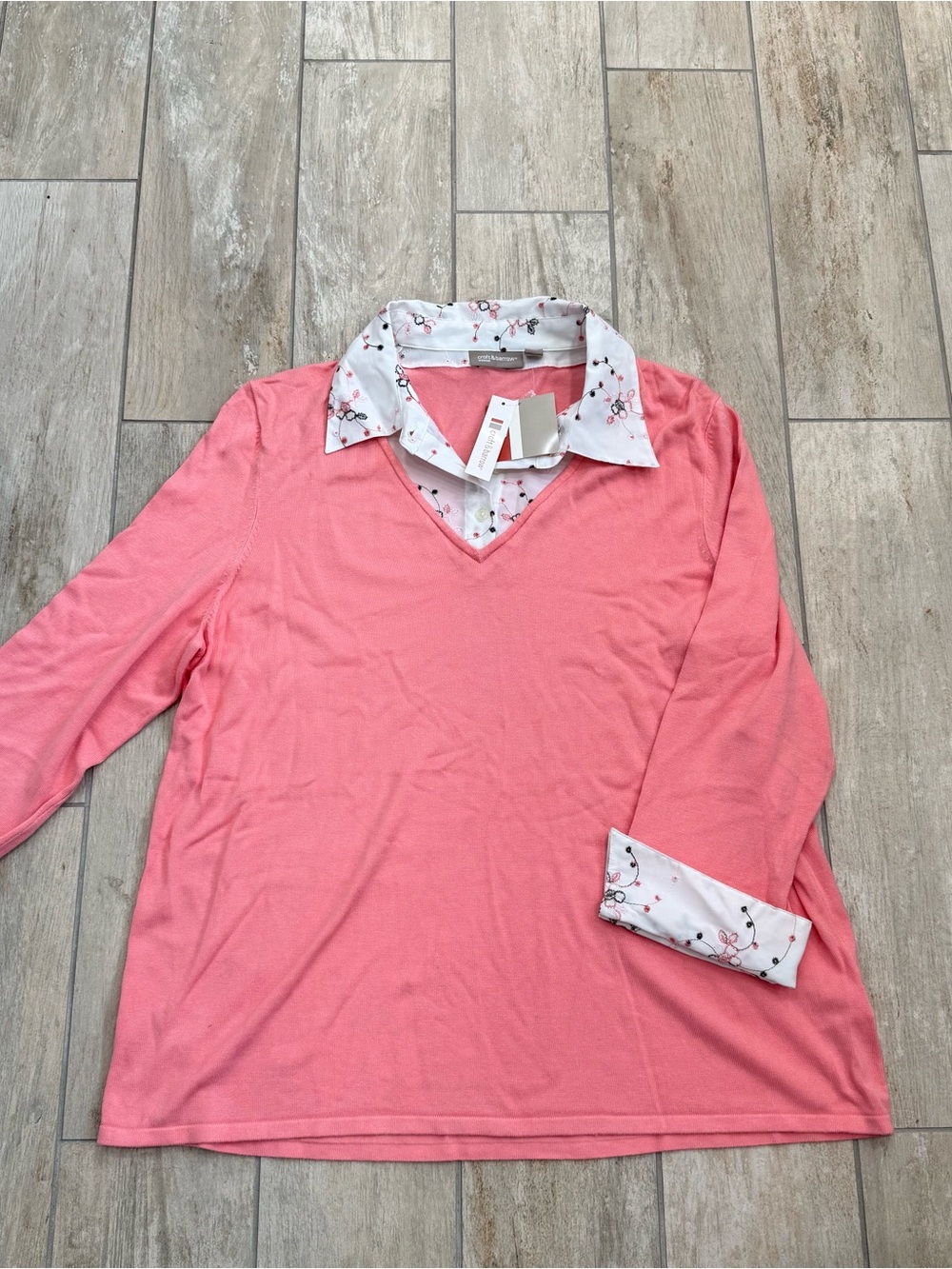 Croft & Barrow Pink Twofer Top NWT Built-in Floral Embroidered Collar. Size 1X
